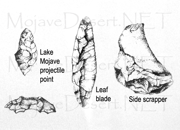 Illustration of Lake Mohave stone points and edge tools
