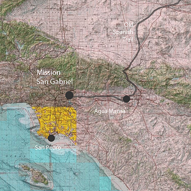 Map showing location of the San Gabriel Mission and Old Spanish Trail in Los Angeles area