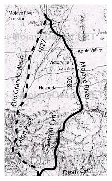 Map showing Jedediah Smith routes across the Victor Valley in 1826 and 1827