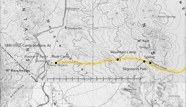Map showing trail of Rose-Baley Wagon Train at Colorado River