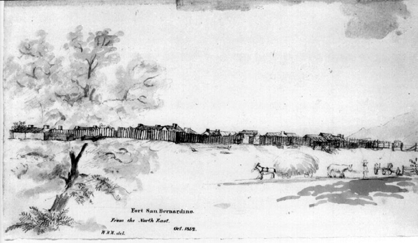 drawing of Mormon Stockade in San Bernardino, Ca.