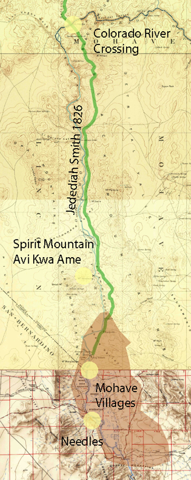 Map showing 1826 route of Jedediah Smith from Colorado River crossing to Colorado River crossing