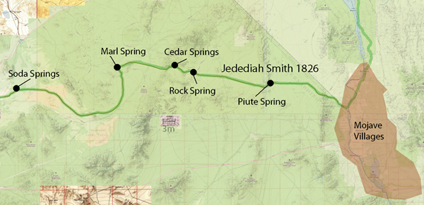 Map of Jedediah Smith's first trip across the Mojave Desert in 1826