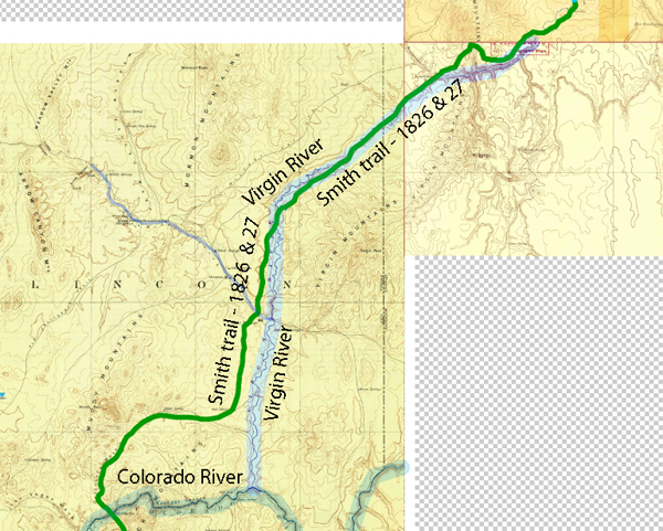 map showing Jedediah Smith's trail from southwestern Utah to Colorado River crossing.